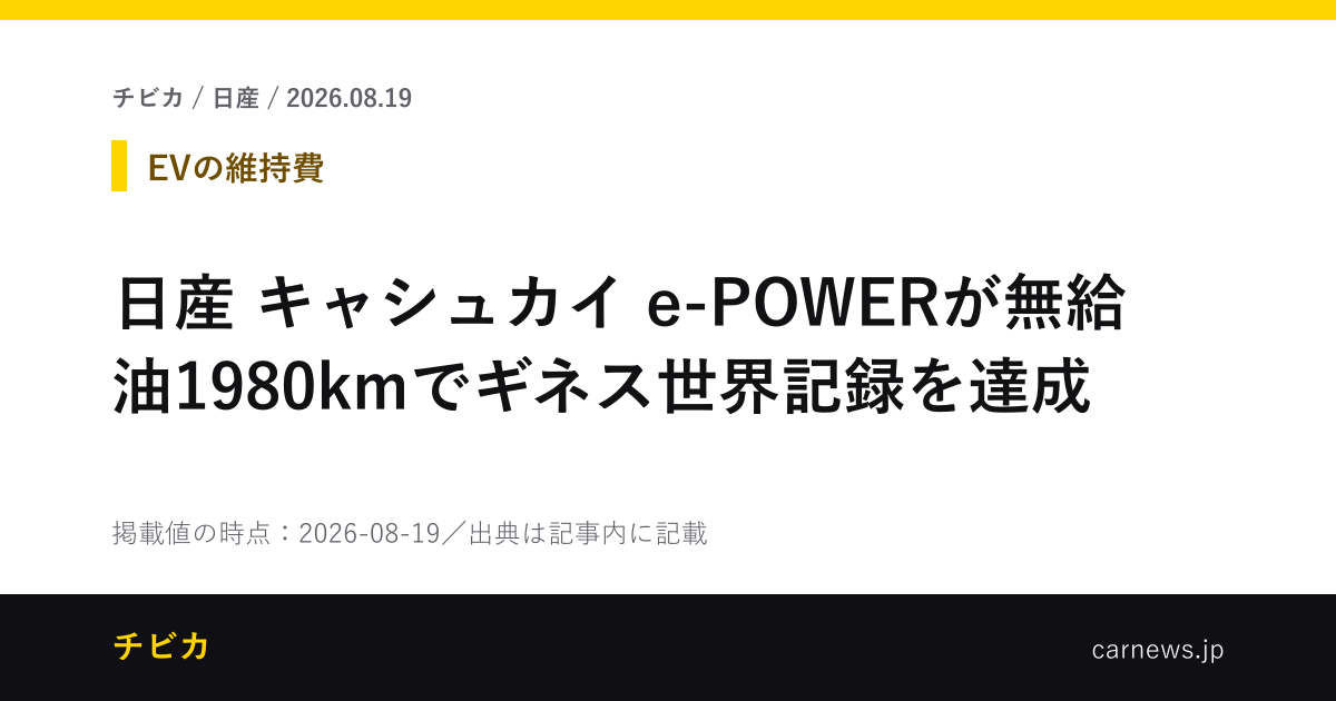 日産 キャシュカイ e-POWERが無給油1980kmでギネス世界記録を達成 - チビカのニュースカード