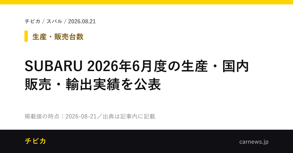 SUBARU 2026年6月度の生産・国内販売・輸出実績を公表 - チビカのニュースカード